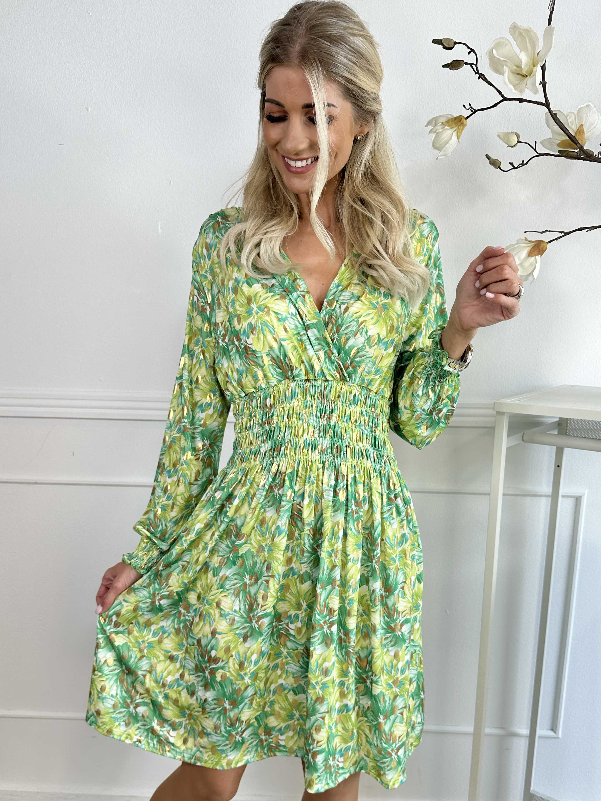 Pams Floral Short L/S - Elastisk klänning med smockad midja